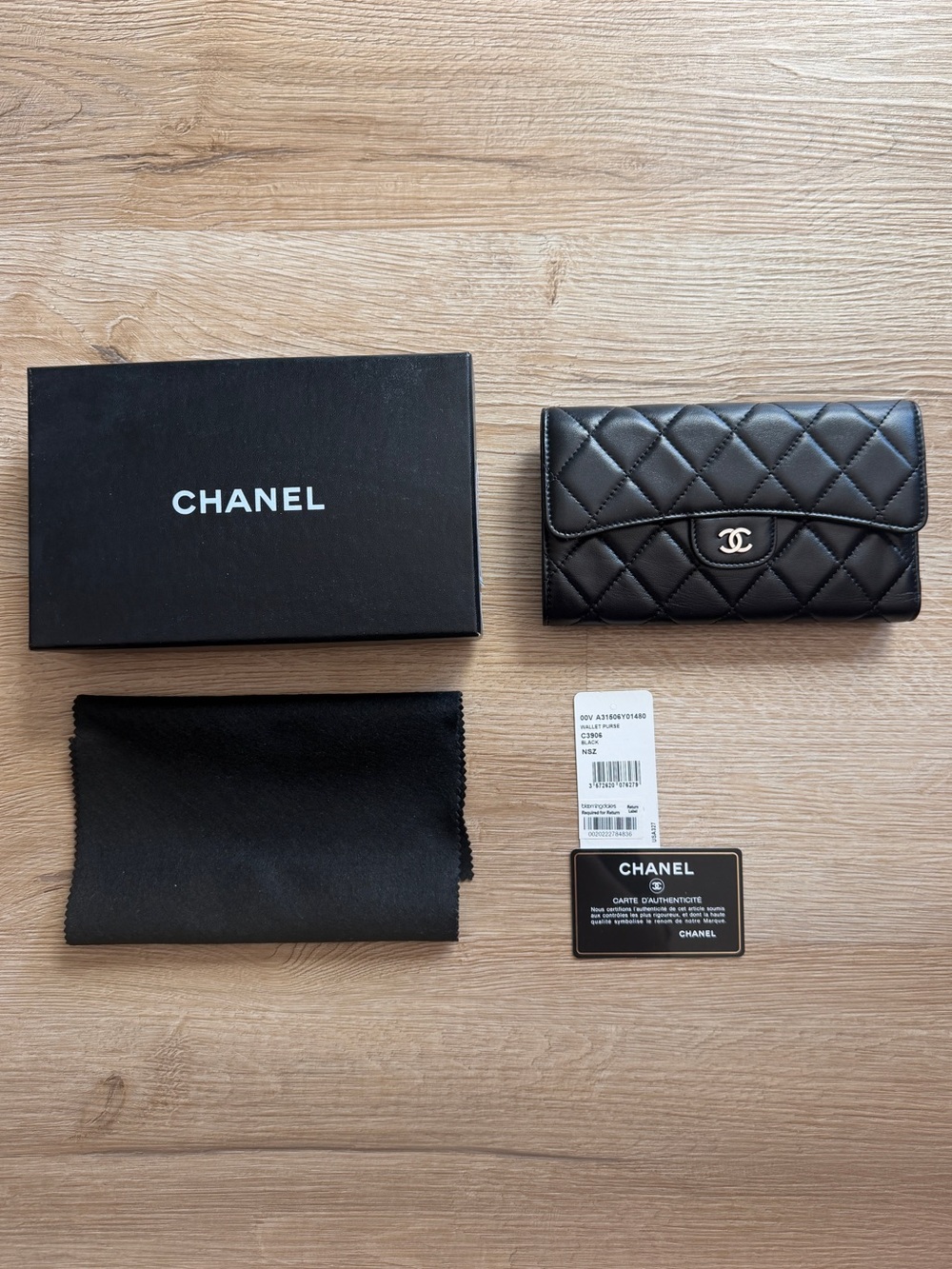CHANEL Black Quilted Leather Long Flap Wallet with Silver CC